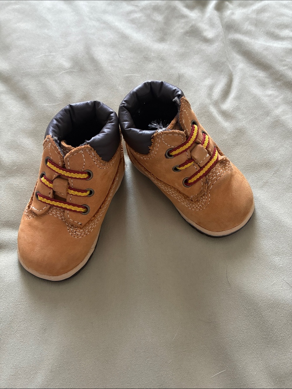 Timberland Tan and Black Toddler Lace-Up Booties with Red Accent Laces
